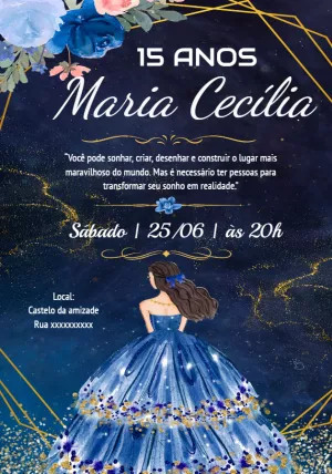 Convite 15 Anos Princesa Azul e Dourado para Editar Online