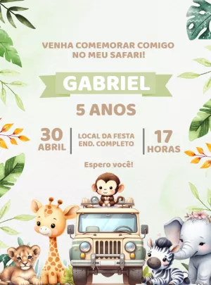 Convite Aniversário Safari com Animais para Editar Online