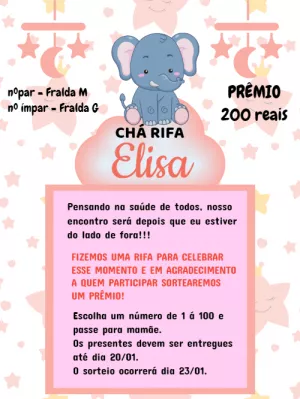 Convite Chá Rifa Elefantinho Rosa Editável Online