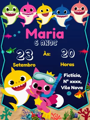 Convite Aniversário Baby Shark com a Família Tubarão para Editar