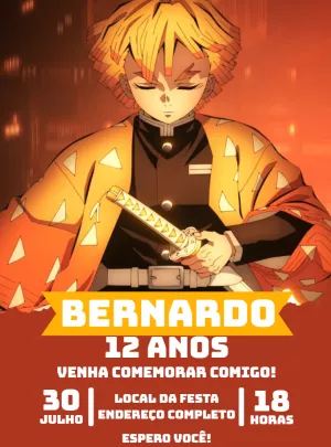 Convite Aniversário Zenitsu Demon Slayer para Editar Online