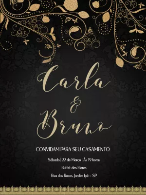 Convite de Casamento Preto e Dourado com Arabescos para Editar