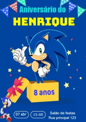 Convite de Aniversário Sonic Editável para Imprimir Online