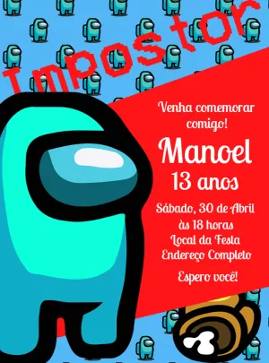 Convite Aniversário Among Us com Impostor para Editar Online