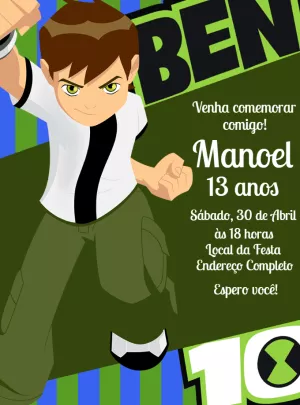 Convite Aniversário Ben 10 para Editar e Enviar Online