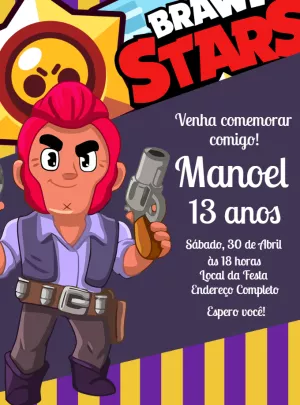 Convite Aniversário Brawl Stars com Personagens para Editar Online