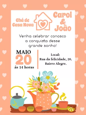 Convite Chá de Casa Nova com Flores e Bule para Editar Online