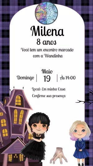 Convite Aniversário Wandinha Addams para Editar Online