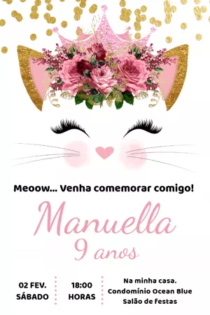 Convite Aniversário Gatinha com Flores para Editar Online