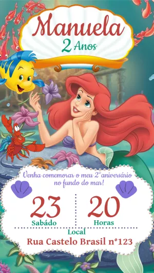 Convite Aniversário Pequena Sereia Ariel para Editar Online