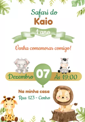 Convite Aniversário Safari Baby com Animais para Editar Online