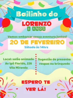 Convite Aniversário Bailinho de Carnaval para Editar Online