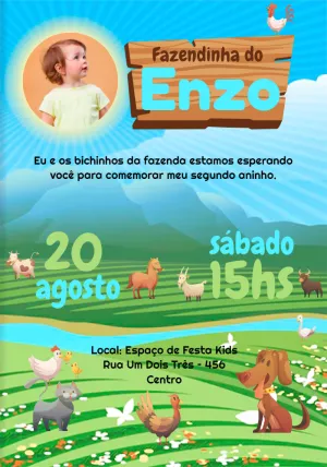 Convite Aniversário Fazendinha com Foto para Editar Online