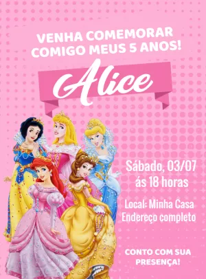 Convite de Aniversário Princesas Disney para Editar Online