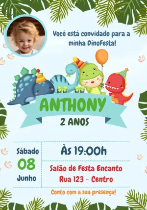 Convite Aniversário Dino Baby com Foto para Editar Online