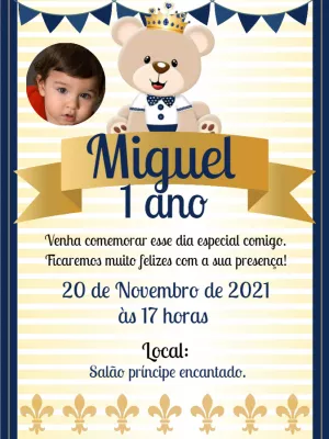 Convite Aniversário Ursinho Príncipe com Foto para Editar Online