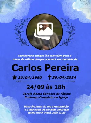 Convite Missa de Sétimo Dia com Foto Azul para Editar Online