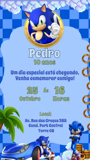 Convite de Aniversário Sonic com Carro de Corrida para Editar