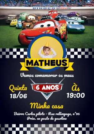 Convite de Aniversário Carros com Foto para Editar Online