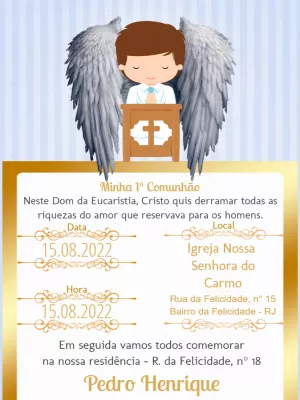 Convite Primeira Comunhão Menino Anjo para Editar Online