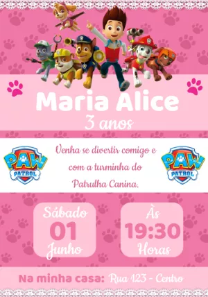 Convite Aniversário Patrulha Canina Rosa para Editar Online