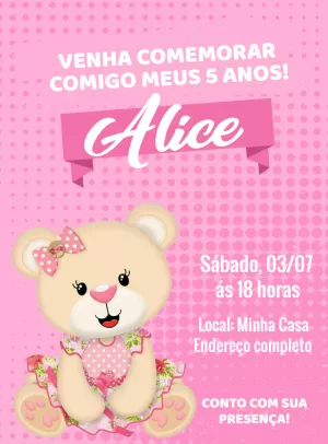 Convite Aniversário Ursinha Rosa Fofa para Editar Online