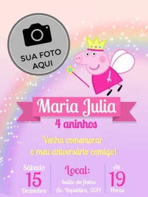 Convite Aniversário Peppa Pig com Foto para Editar Online