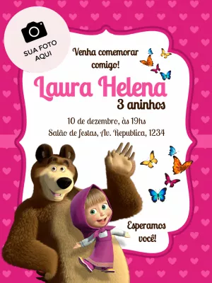 Convite Aniversário Masha e o Urso com Foto para Editar Online