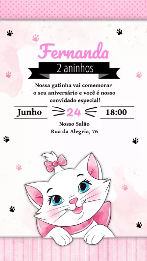 Convite Aniversário Gatinha Marie para Editar Online e Imprimir