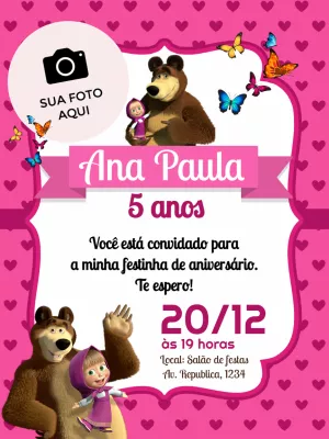 Convite Aniversário Masha e o Urso com Foto para Editar Online
