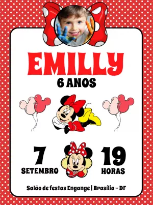 Convite Aniversário Minnie Mouse com Foto para Editar Online