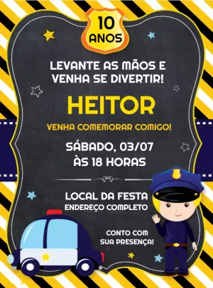 Convite Aniversário Policial Infantil para Editar Online