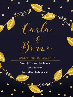 Convite de Casamento Folhagens Dourado para Editar Online