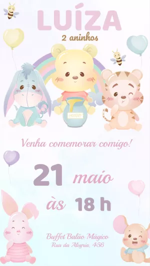 Convite de Aniversário Ursinho Pooh Aquarela para Editar Online