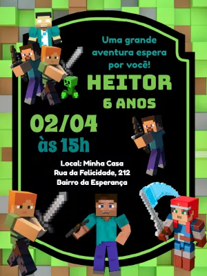 Convite de Aniversário Minecraft com Personagens para Editar