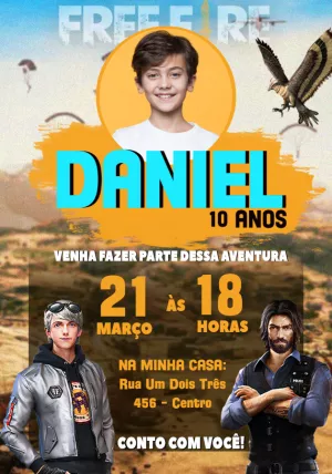 Convite Aniversário Free Fire com Foto para Editar Online
