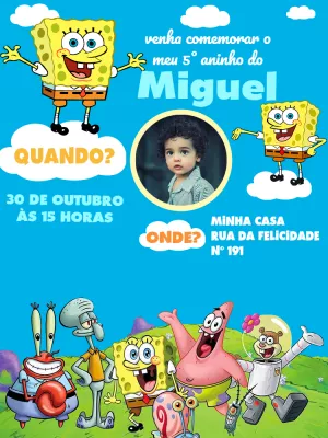 Convite Aniversário Bob Esponja com Foto para Editar Online