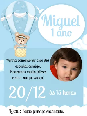 Convite Aniversário Ursinho Baloeiro com Foto para Editar Online