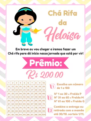 Convite Chá Rifa Princesa Jasmine para Editar e Imprimir