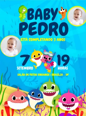 Convite Aniversário Baby Shark com Foto para Editar Online
