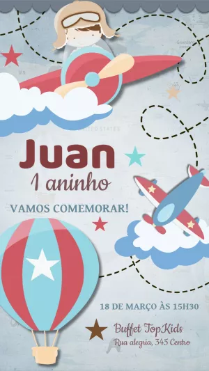 Convite Aniversário Aviador Primeira Volta ao Mundo para Editar