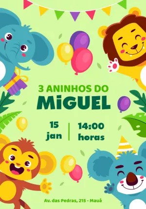 Convite Aniversário Safari com Animais Fofos para Editar Online