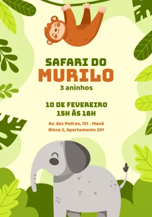 Convite Aniversário Safari com Animais Fofos para Editar Online