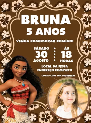 Convite de Aniversário Moana com Foto para Editar Online