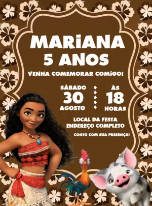Convite de Aniversário Moana para Editar Online e Imprimir