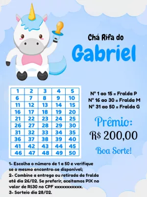 Chá Rifa Unicórnio Menino: Convite Editável Online