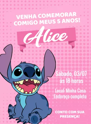 Convite de Aniversário Stitch Rosa para Editar Online