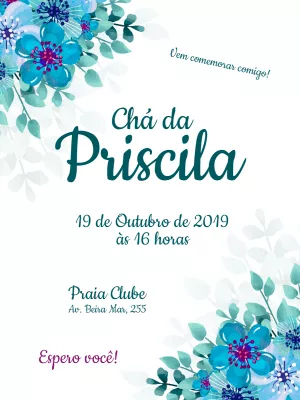Convite Chá de Panela com Flores Azuis para Editar Online