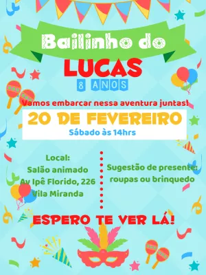 Convite Bailinho de Carnaval para Aniversário Editável Online