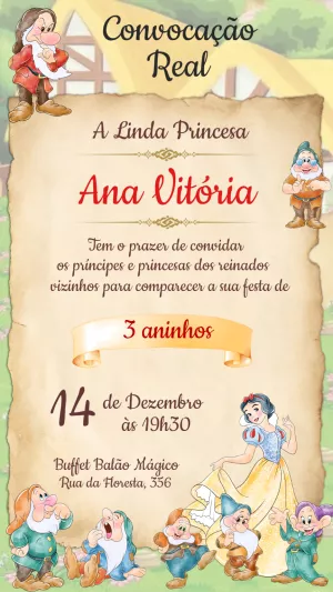 Convite Aniversário Branca de Neve e os Sete Anões para Editar